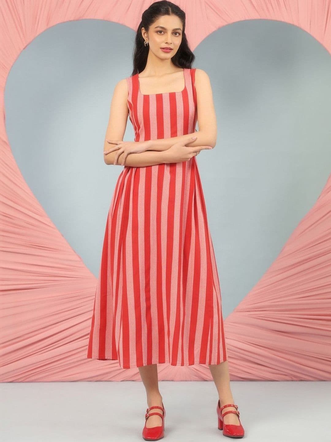 anayna Striped Cotton A-Line Midi Ethnic Dresses - view 1