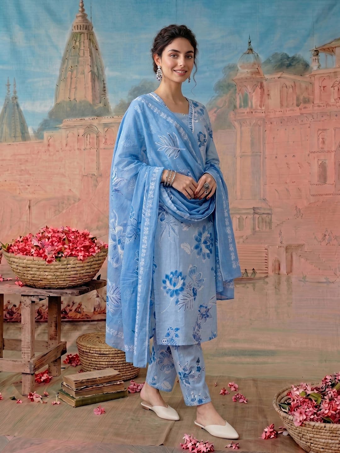 NAVYAAZRI Women Floral Printed Regular Thread Work Pure Cotton Kurta with Trousers & With Dupatta - view 1