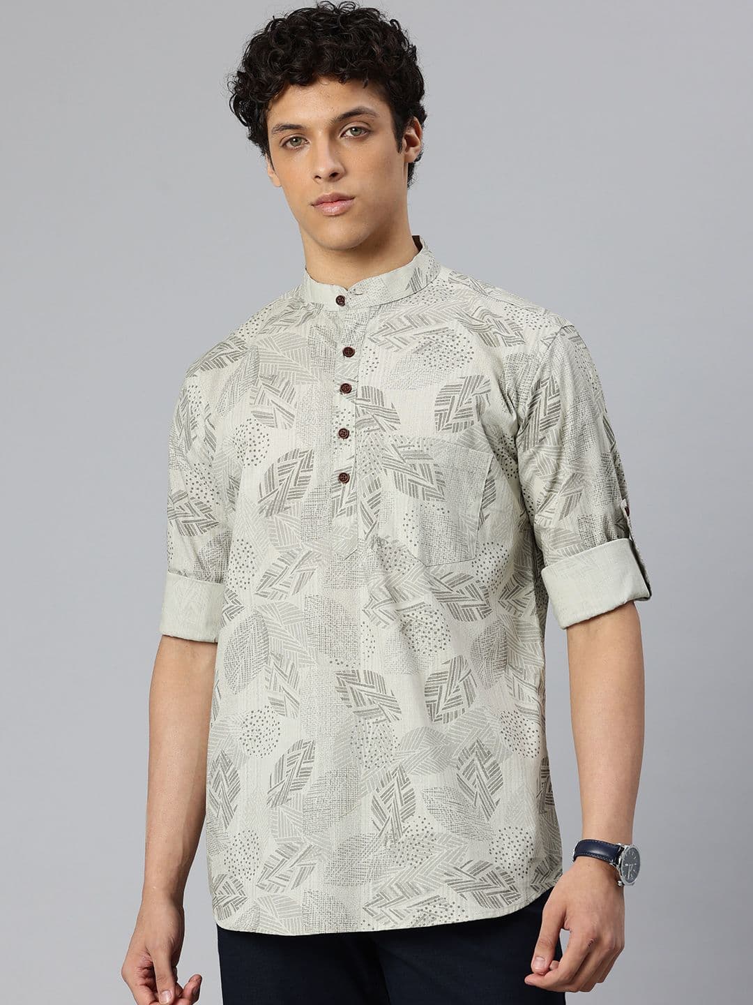 Majestic Man Leaf Printed Pure Cotton Mandarin Collar Short Kurta - view 1