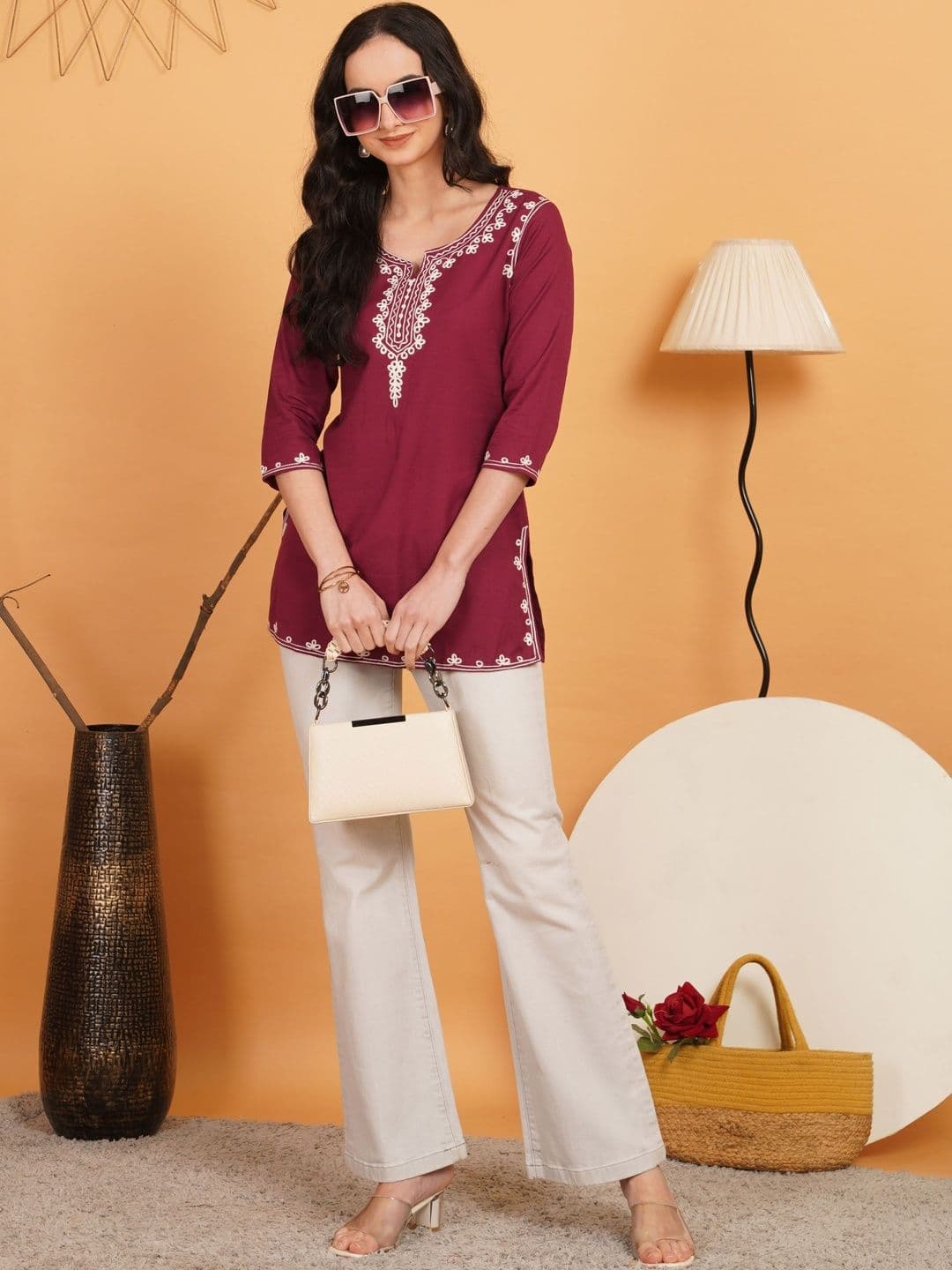 Sangria Ethnic Motifs Embroidered V-Neck Thread Work Pure Cotton Blend Thread Work Kurti - view 1