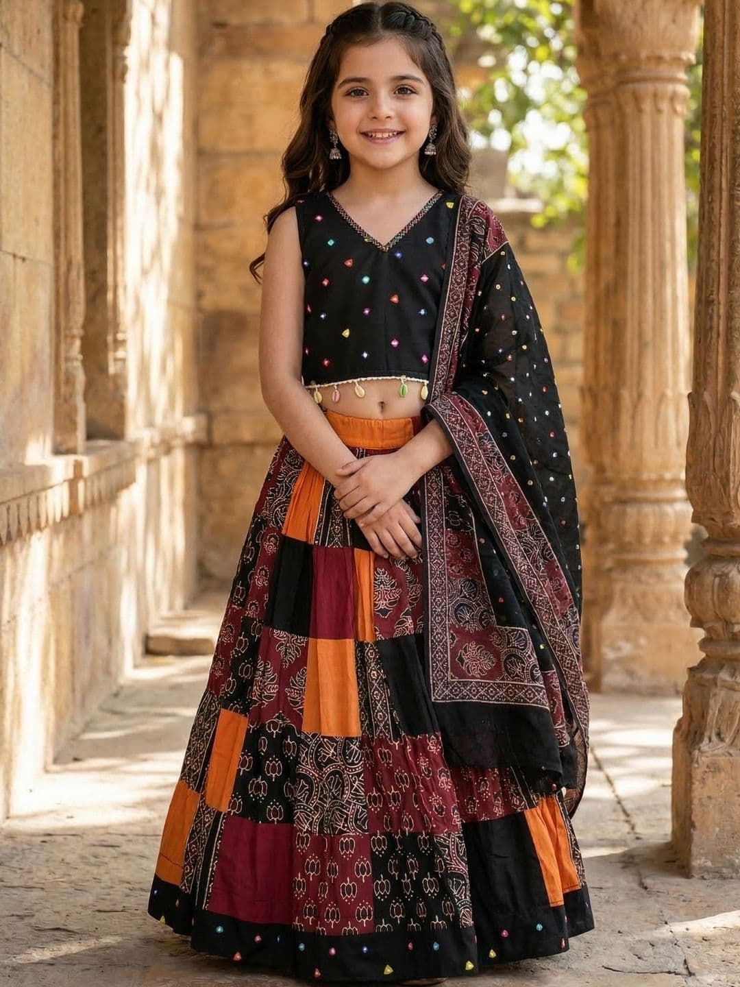 KALINI Girls Embellished Thread Work Block Print Semi-Stitched Lehenga & Blouse With Dupatta - view 1
