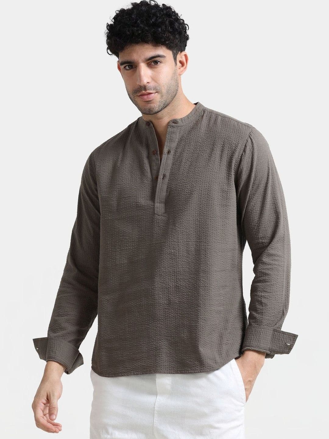 StitchX Men Seersucker Band Collar Pure Cotton Striped Kurta Shirt - view 1