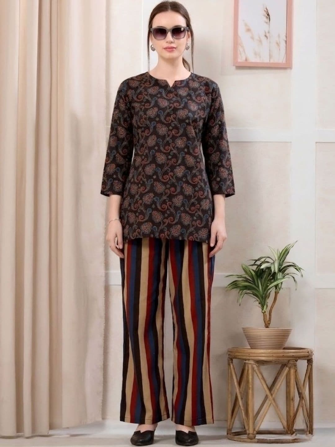 NIGHT FLOSS Cotton Printed Tunic with Palazzos - view 1