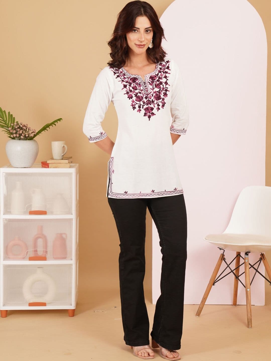 Sangria Floral Embroidered Boat Neck Pure Cotton Blend Kurti - view 1