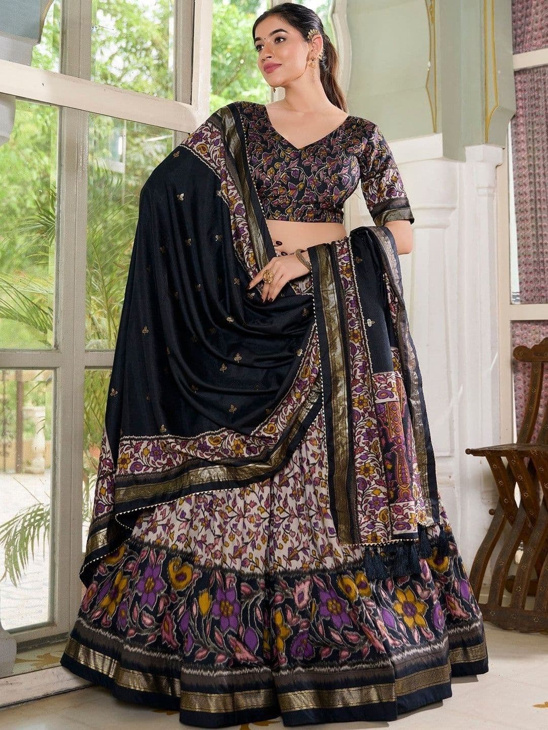 House of Pataudi Printed V-Neck Flared Lehenga Choli - view 1