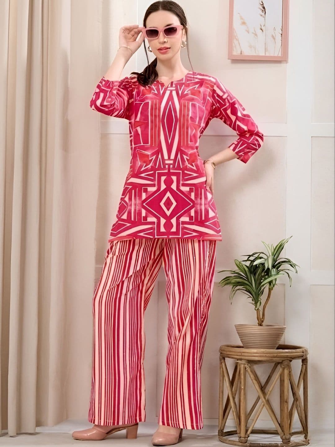 NIGHT FLOSS Cotton Printed Tunic with Palazzos - view 1