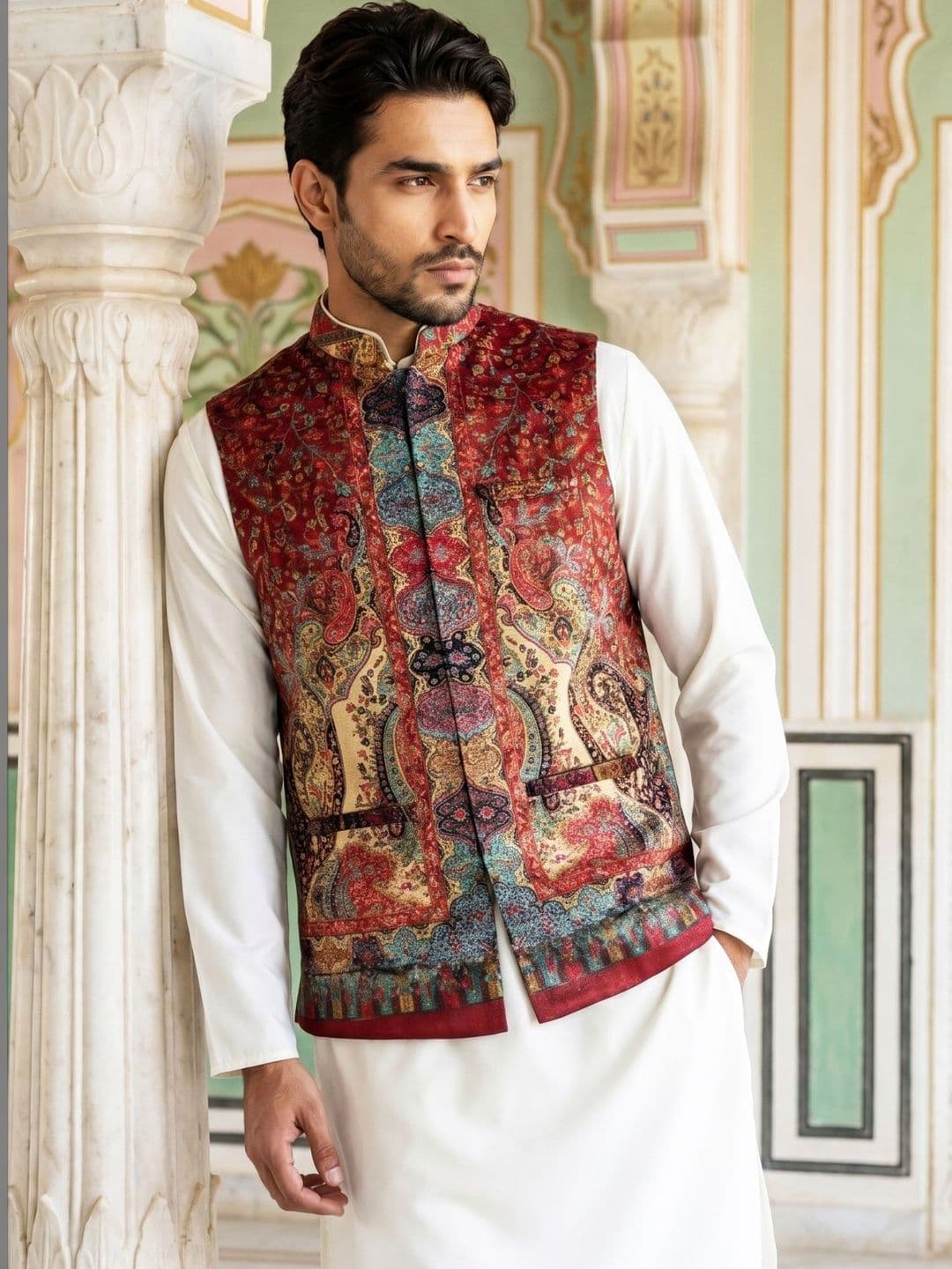 Jompers Printed Velvet Woven Nehru Jackets - view 1