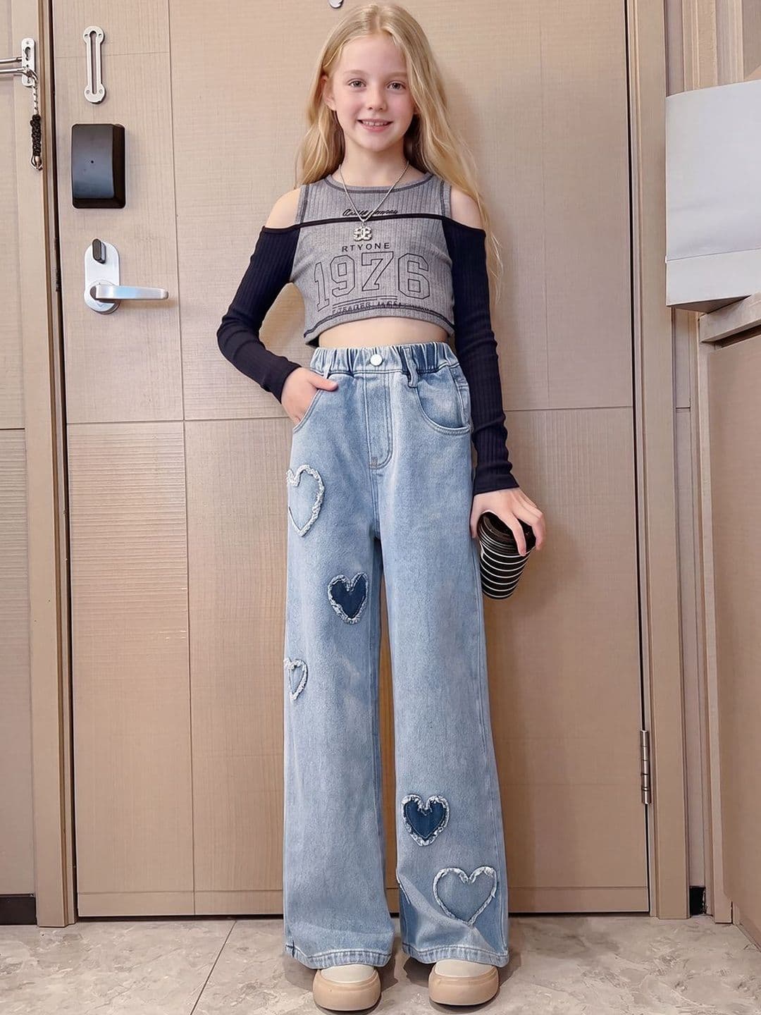 INCLUD Girls Wide Leg High-Rise Mildly Distressed Light Fade Applique Jeans - view 1