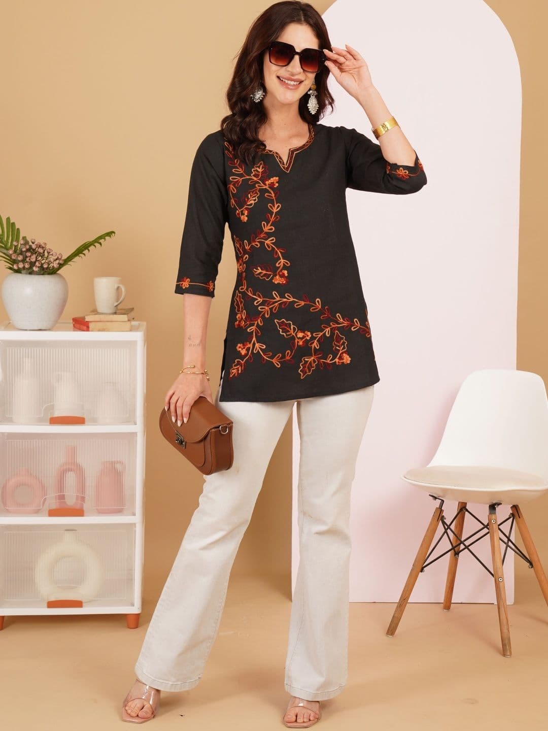 Sangria Floral Embroidered V-Neck Thread Work Pure Cotton Blend Thread Work Kurti - view 1