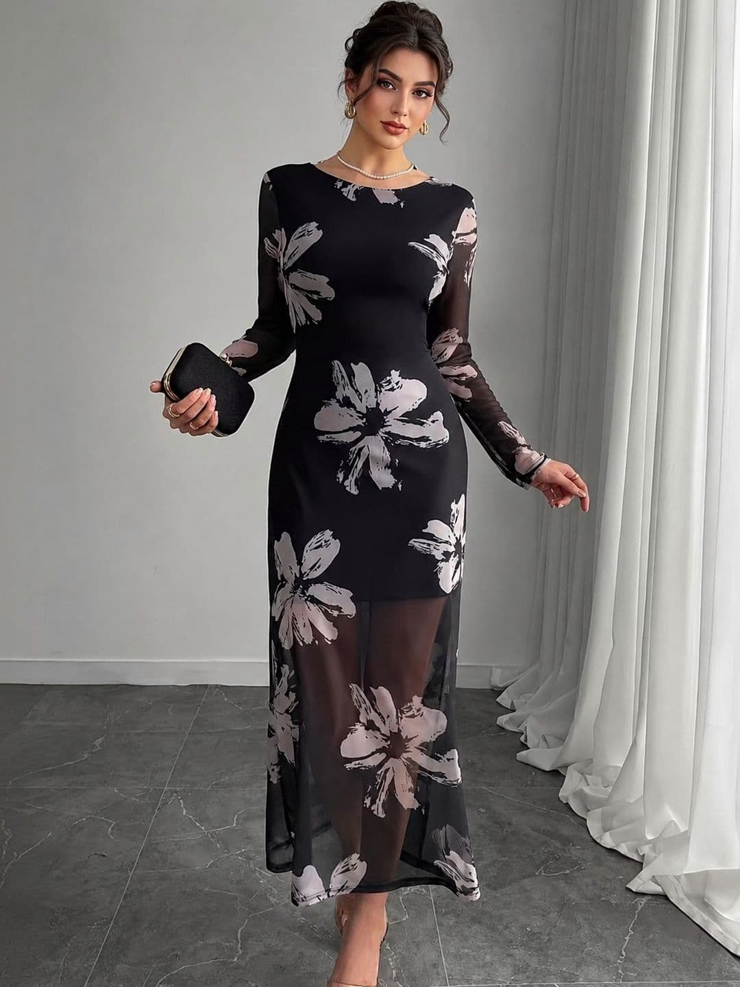 KI STUDIO Floral Print Net Sheath Maxi Dress - view 1