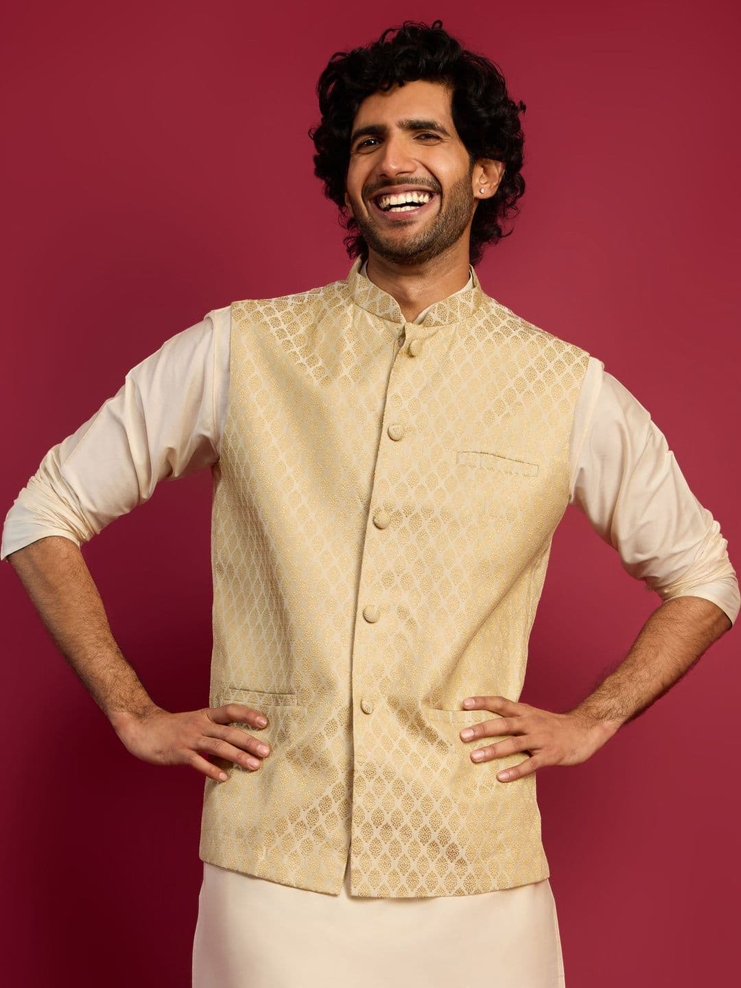 VASTRAMAY Men Cream-Coloured Woven Design Nehru Jacket - view 1