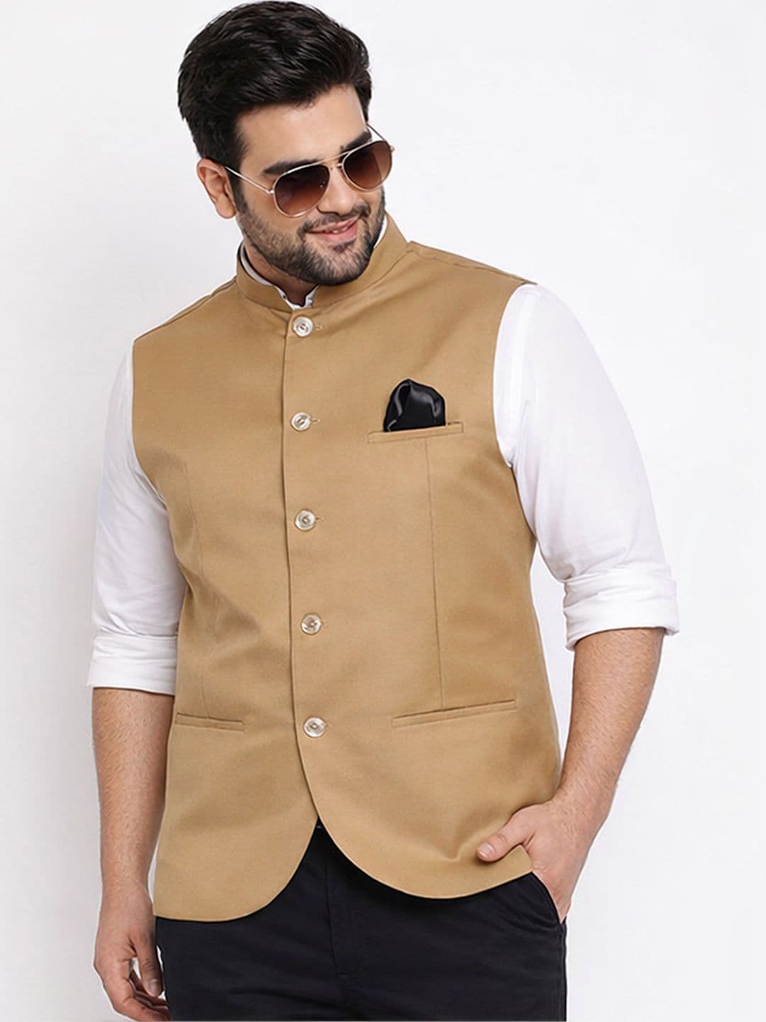 VASTRAMAY Men Beige Solid Bandhgala Woven Nehru Jacket - view 1
