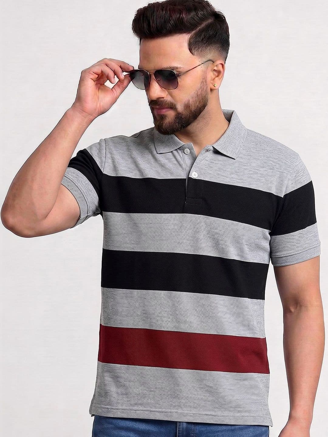 TB BLUE Men Striped Polo Collar Slim Fit T-shirt - view 1