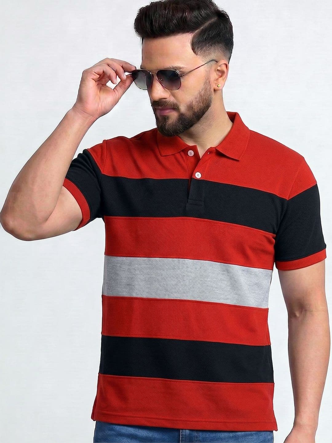 TB BLUE Men Striped Polo Collar Slim Fit T-shirt - view 1