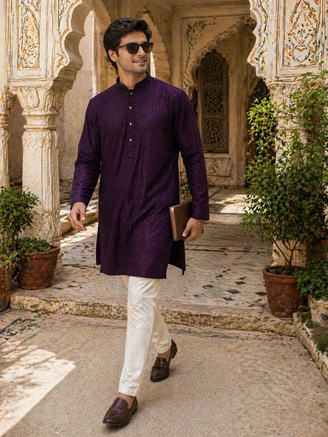 House of Pataudi Ethnic Motifs Embroidered Sequinned Detail Mandarin Collar Straight Kurta - view 1