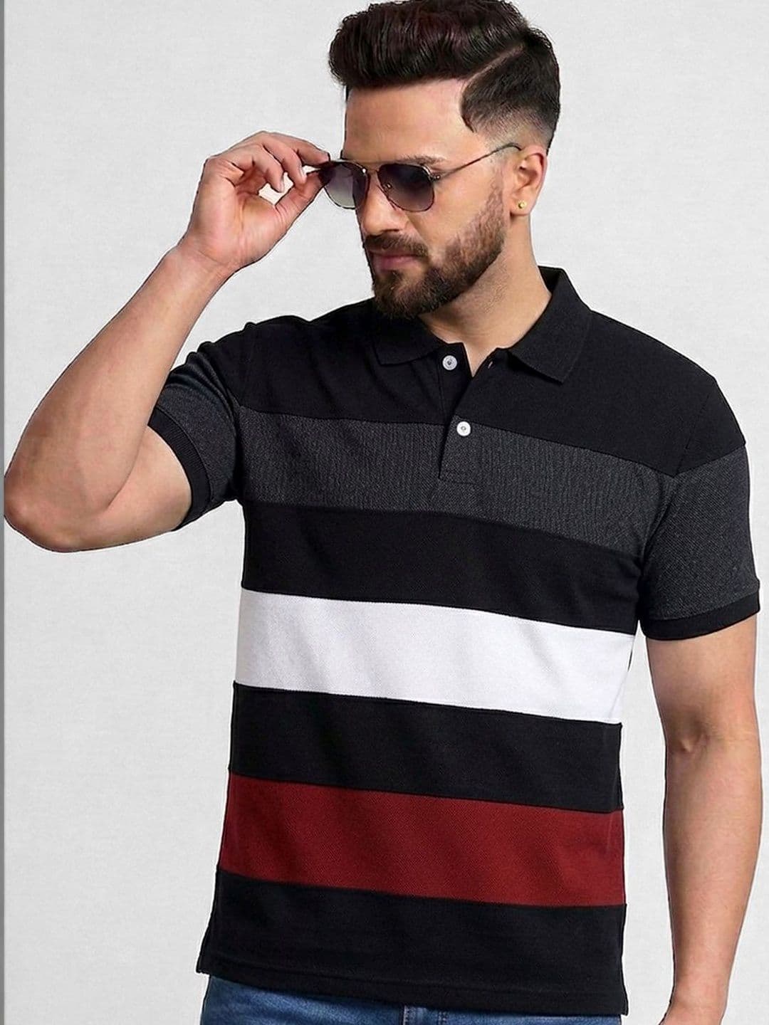 TB BLUE Men Striped Polo Collar Slim Fit T-shirt - view 1