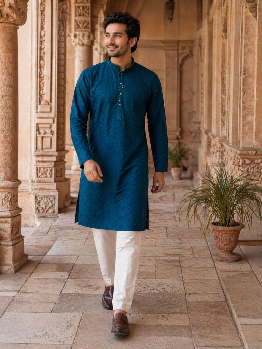 House of Pataudi Ethnic Motifs Embroidered Sequinned Detail Mandarin Collar Straight Kurta - view 1