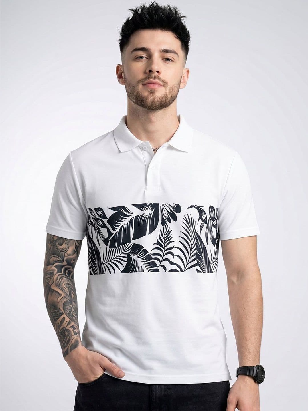 glitchez Men Floral Printed Polo Collar Tropical T-shirt - view 1