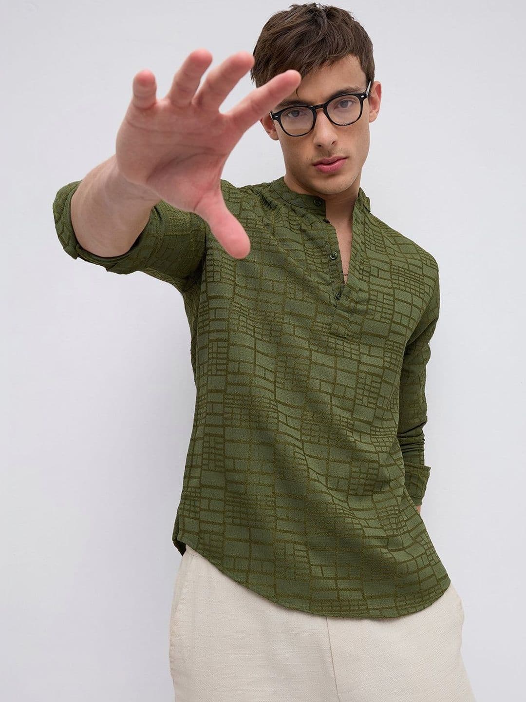 VASTRADO Classic Forest Green Maze Textured Kurta - view 1