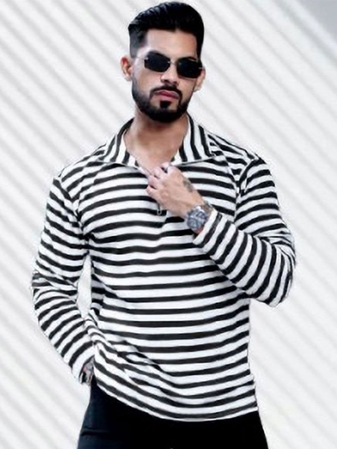 HOODLER Men Striped Polo Collar T-shirt - view 1