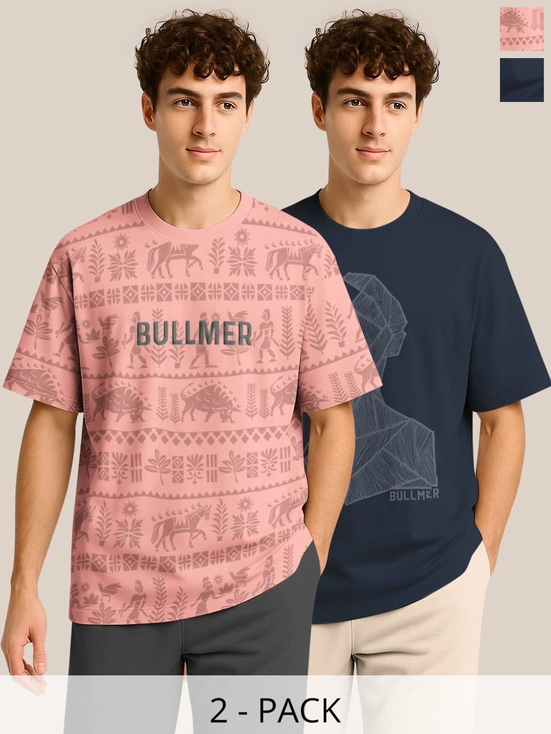 BULLMER Pack Of 2 Graphic Printed Crew Neck Drop Shoulder Oversized T-shirts - view 1