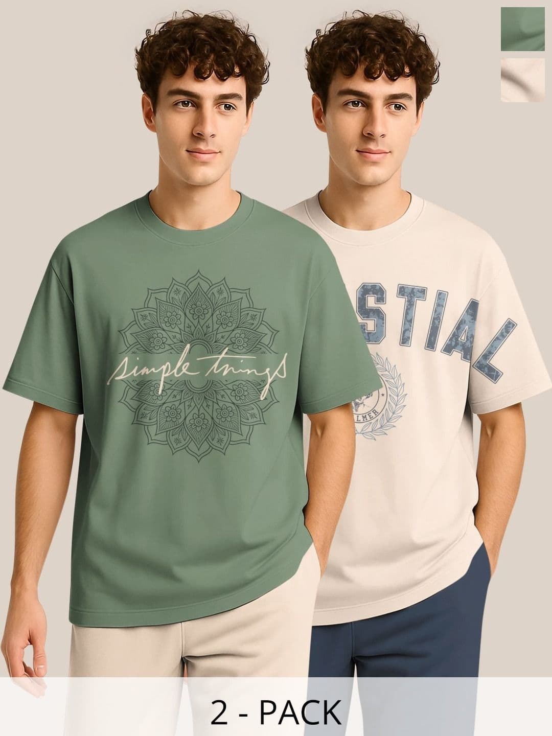 BULLMER Pack Of 2 Typography Printed Crew Neck Drop Shoulder Oversized T-shirts - view 1