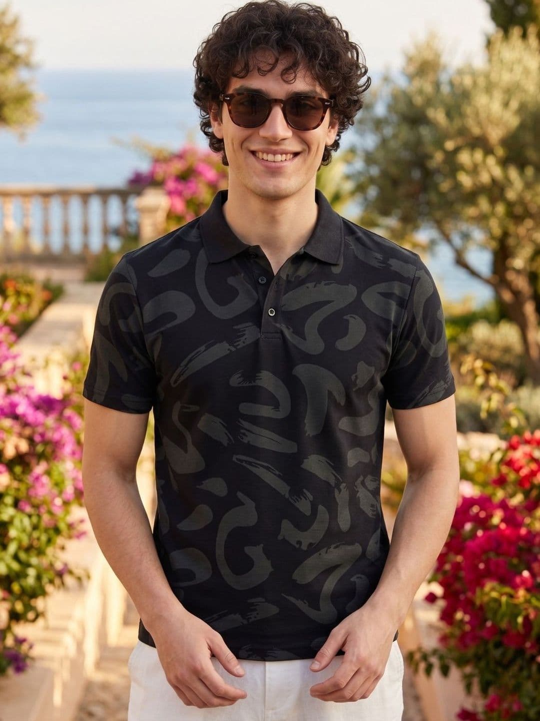 HERE&NOW Men Abstract Printed Polo Collar Antimicrobial T-shirt - view 1