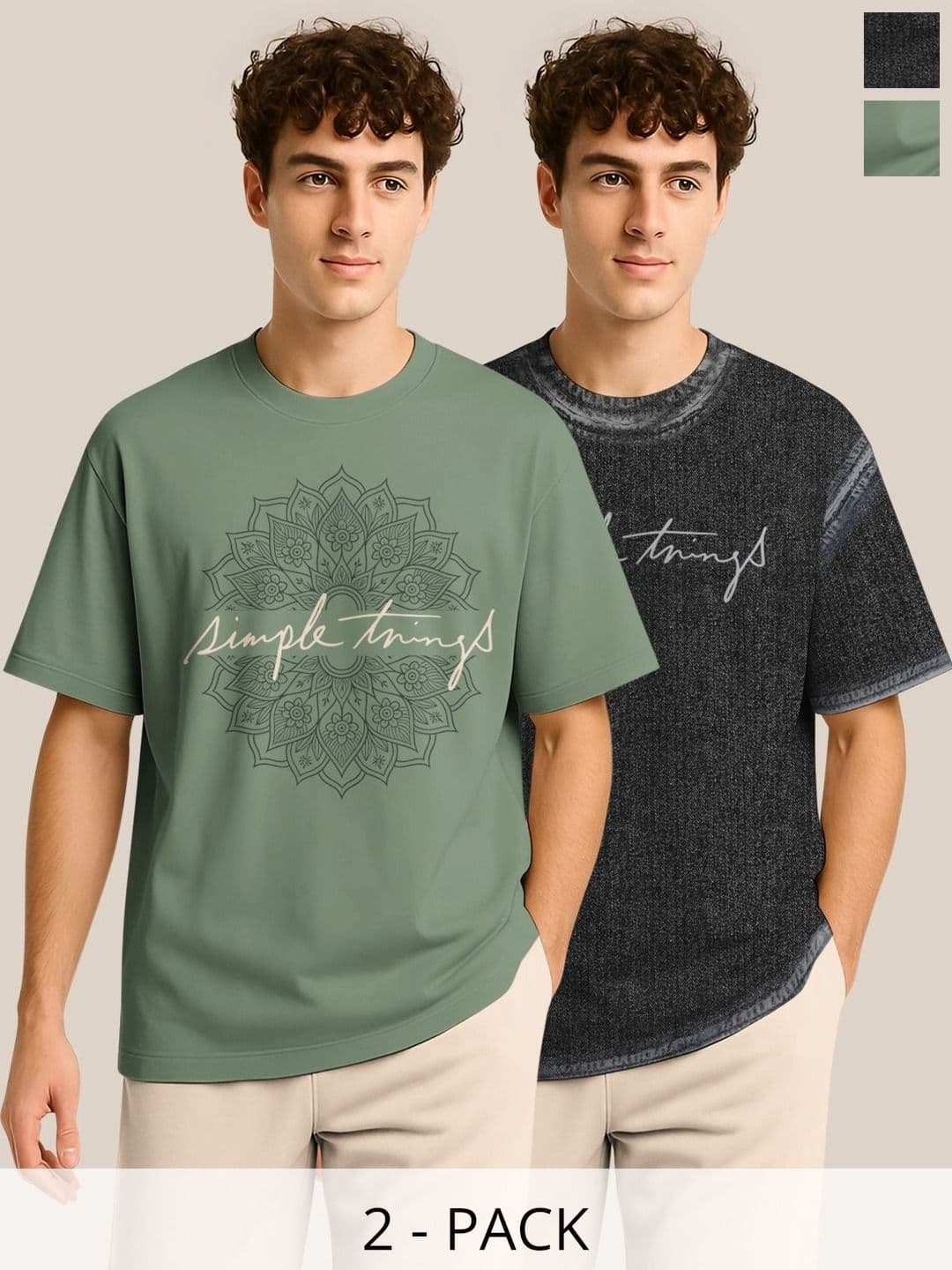 BULLMER Pack Of 2 Graphic Printed Crew Neck Drop Shoulder Oversized T-shirts - view 1