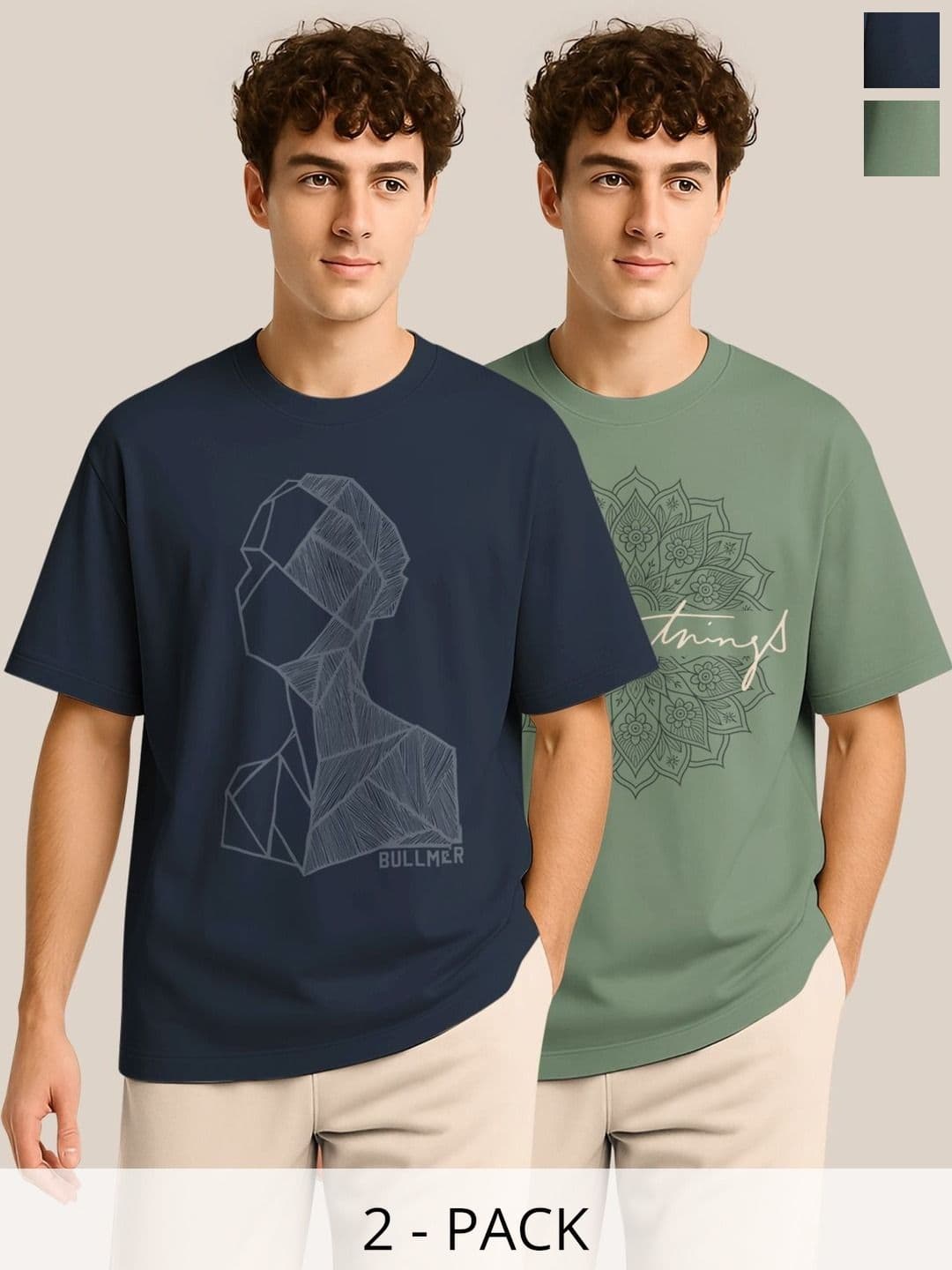 BULLMER Pack Of 2 Graphic Printed Crew Neck Drop Shoulder Oversized T-shirts - view 1