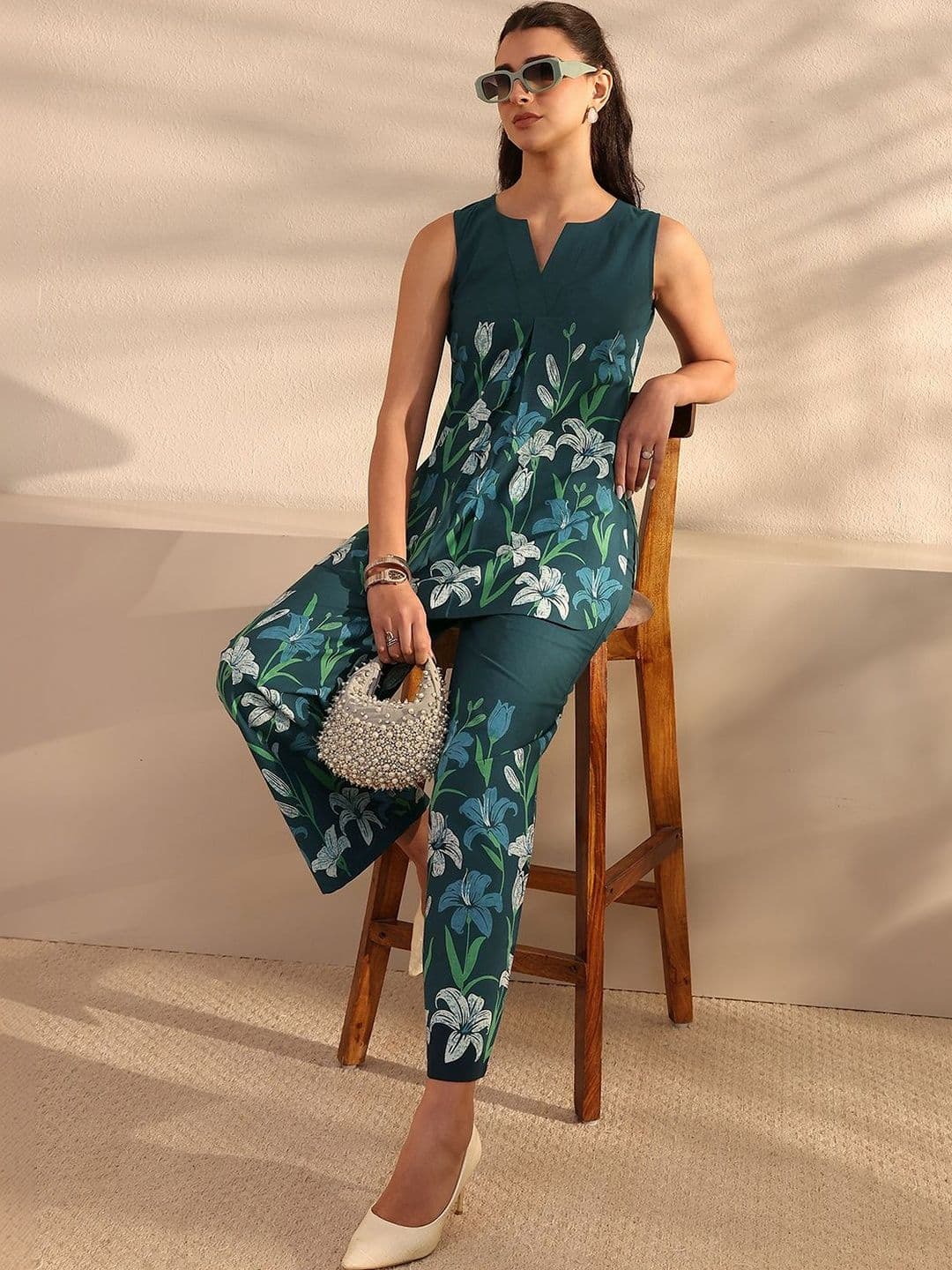 Libas Blue Floral Printed Cotton Co-Ord Set - view 1