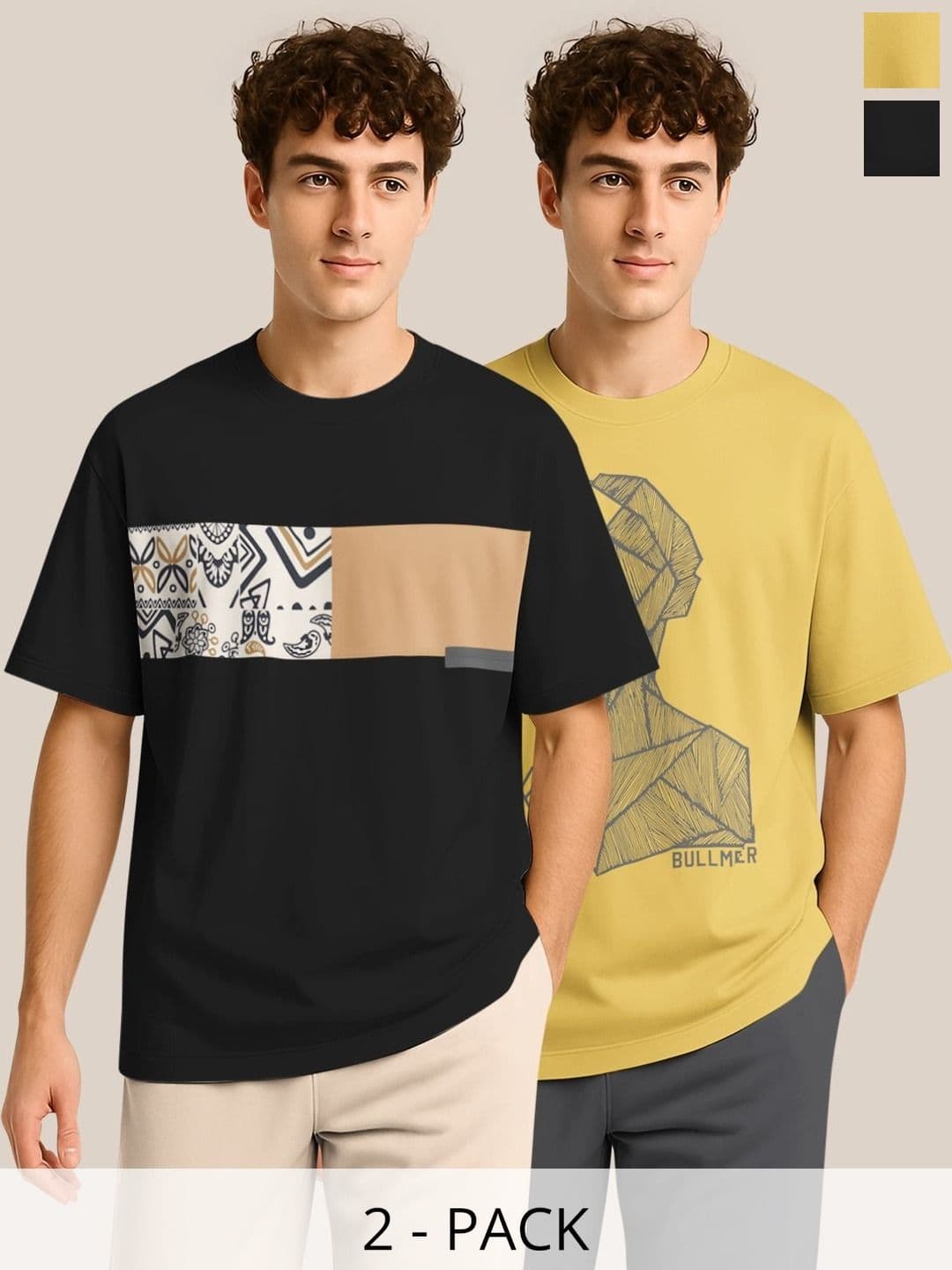 BULLMER Pack Of 2 Graphic Printed Crew Neck Drop Shoulder Oversized T-shirts - view 1