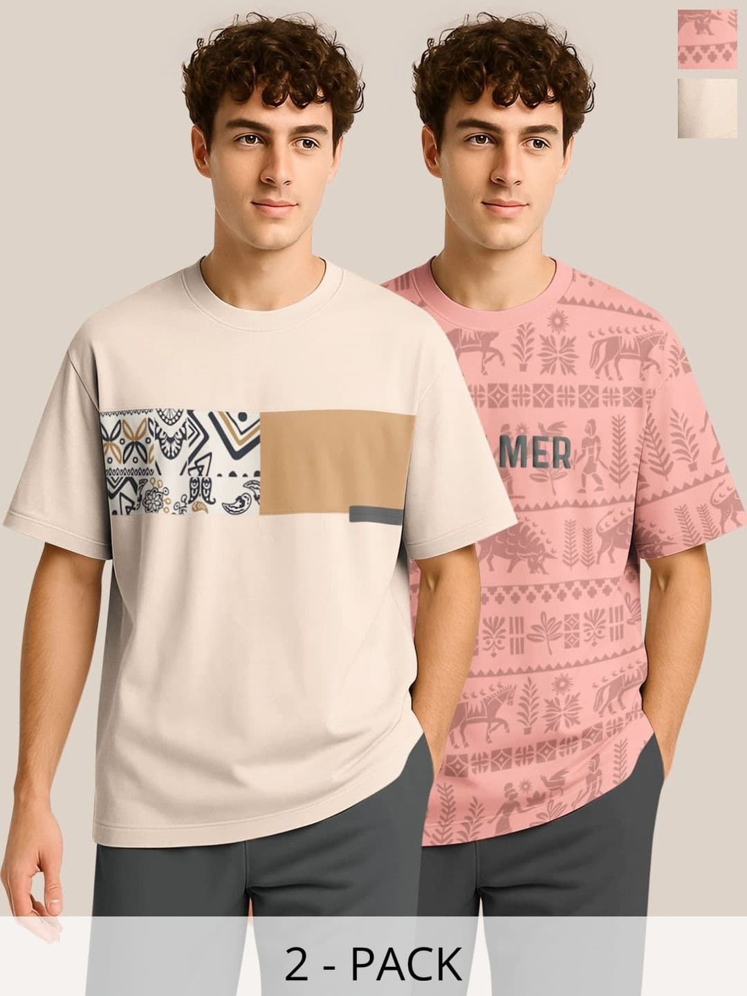 BULLMER Pack Of 2 Graphic Printed Crew Neck Drop Shoulder Oversized T-shirts - view 1