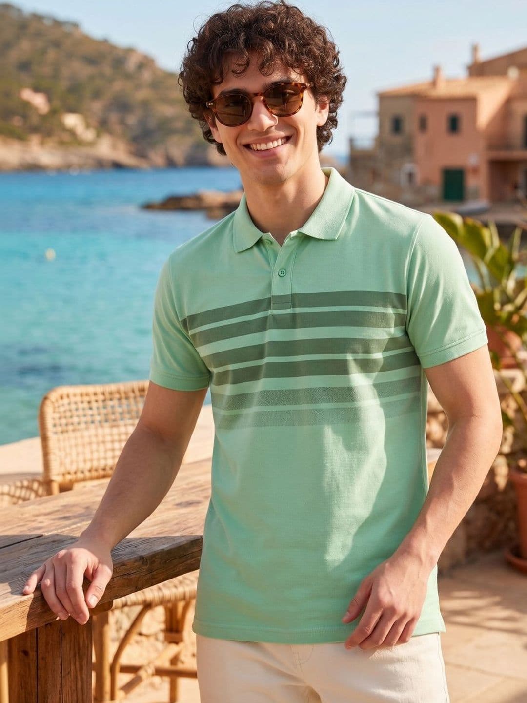 HERE&NOW Men Striped Polo Collar Antimicrobial T-shirt - view 1