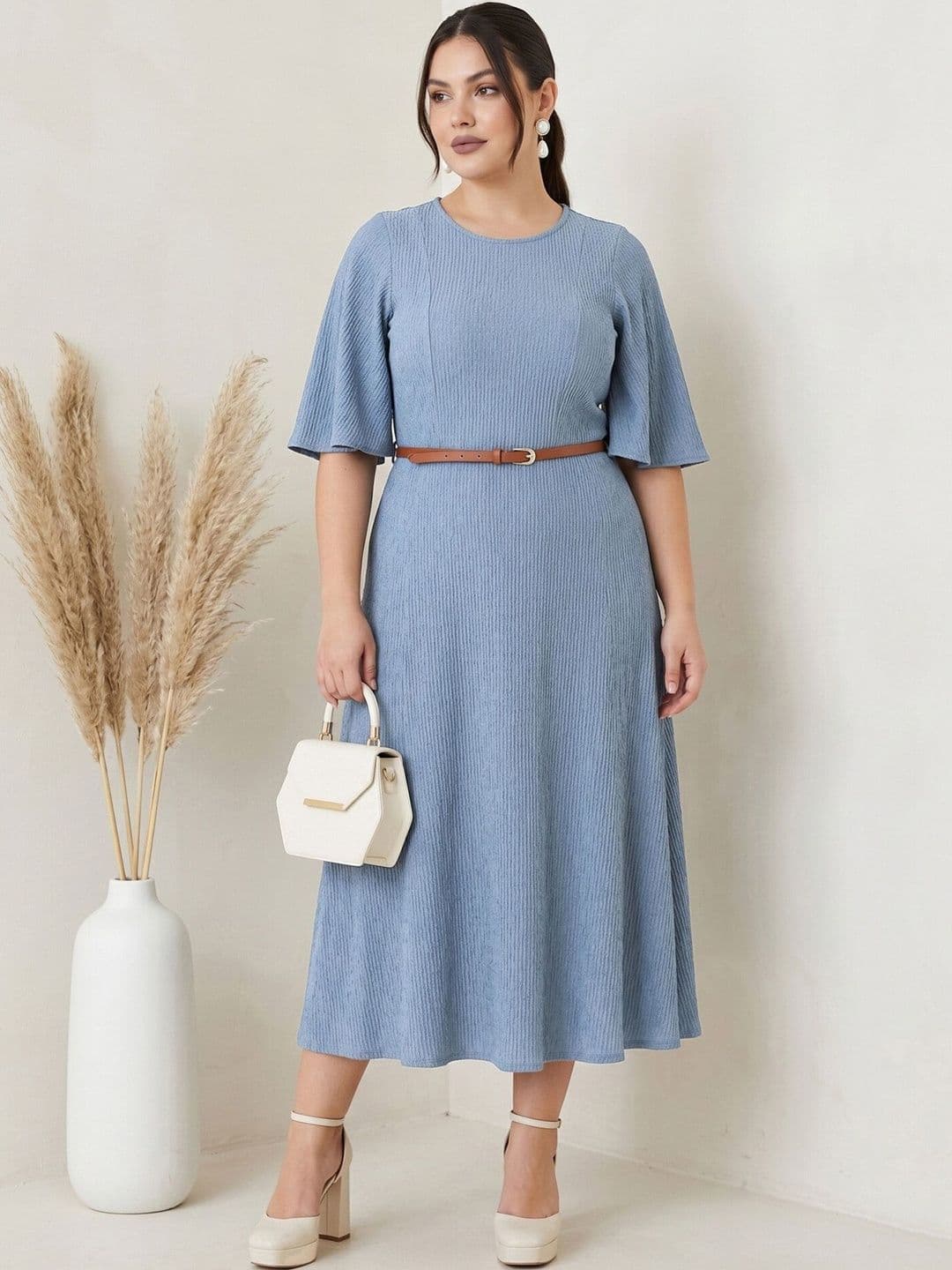 Selvia Flared Sleeve Fit & Flare Midi Dress with Belt - view 1