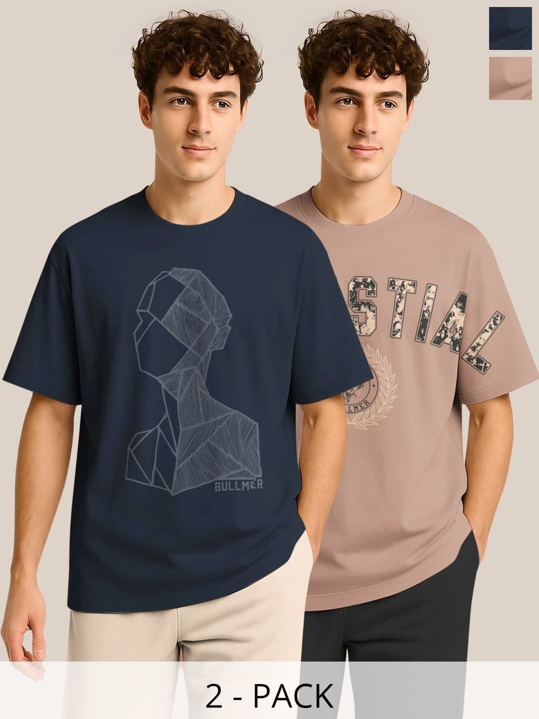 BULLMER Pack Of 2 Graphic Printed Crew Neck Drop Shoulder Oversized T-shirts - view 1