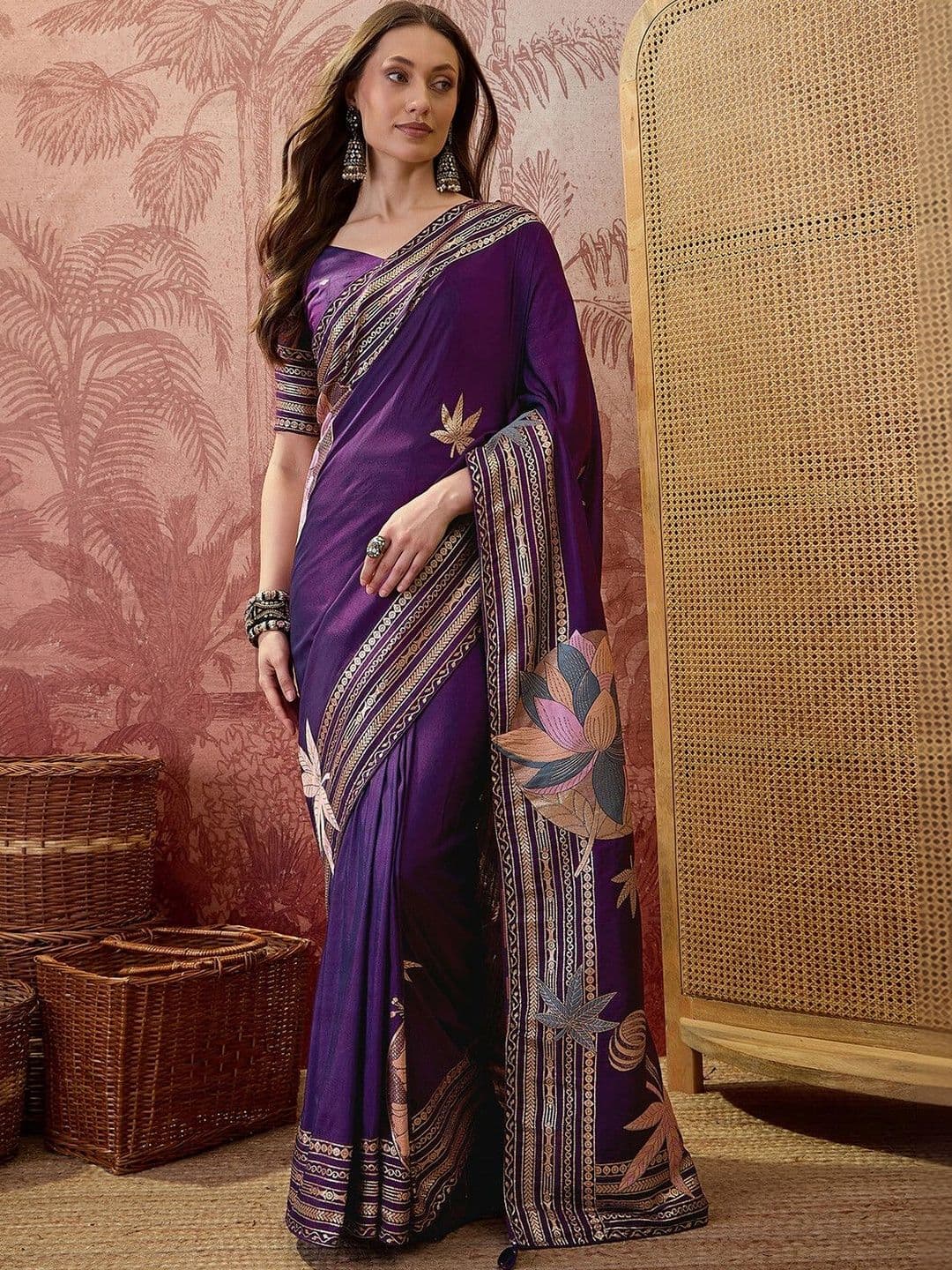 Sangria Embellished Embroidered Saree with Blouse Piece - view 1