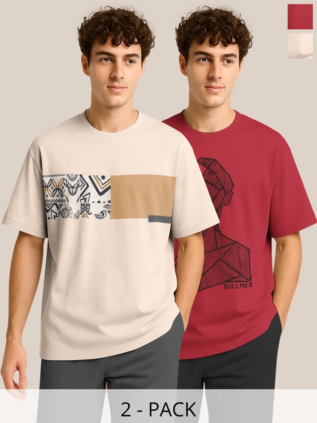 BULLMER Pack Of 2 Graphic Printed Crew Neck Drop Shoulder Oversized T-shirts - view 1