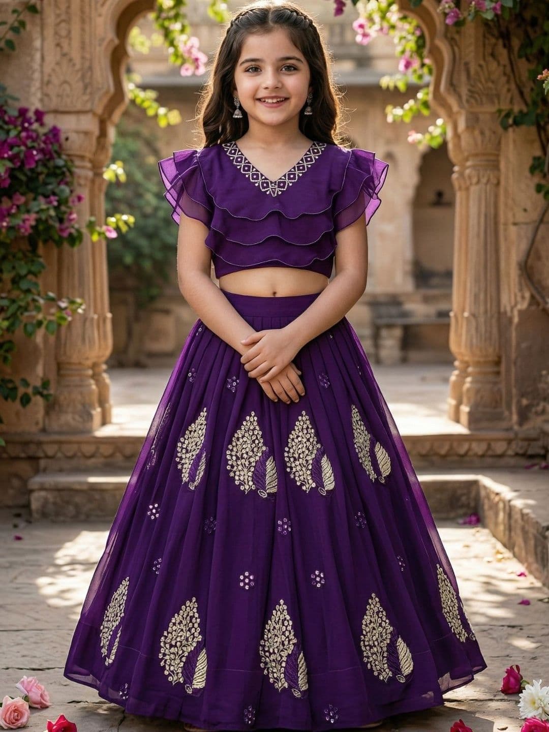 KALINI Girls Embellished Thread Work Ready to Wear Lehenga & - view 1
