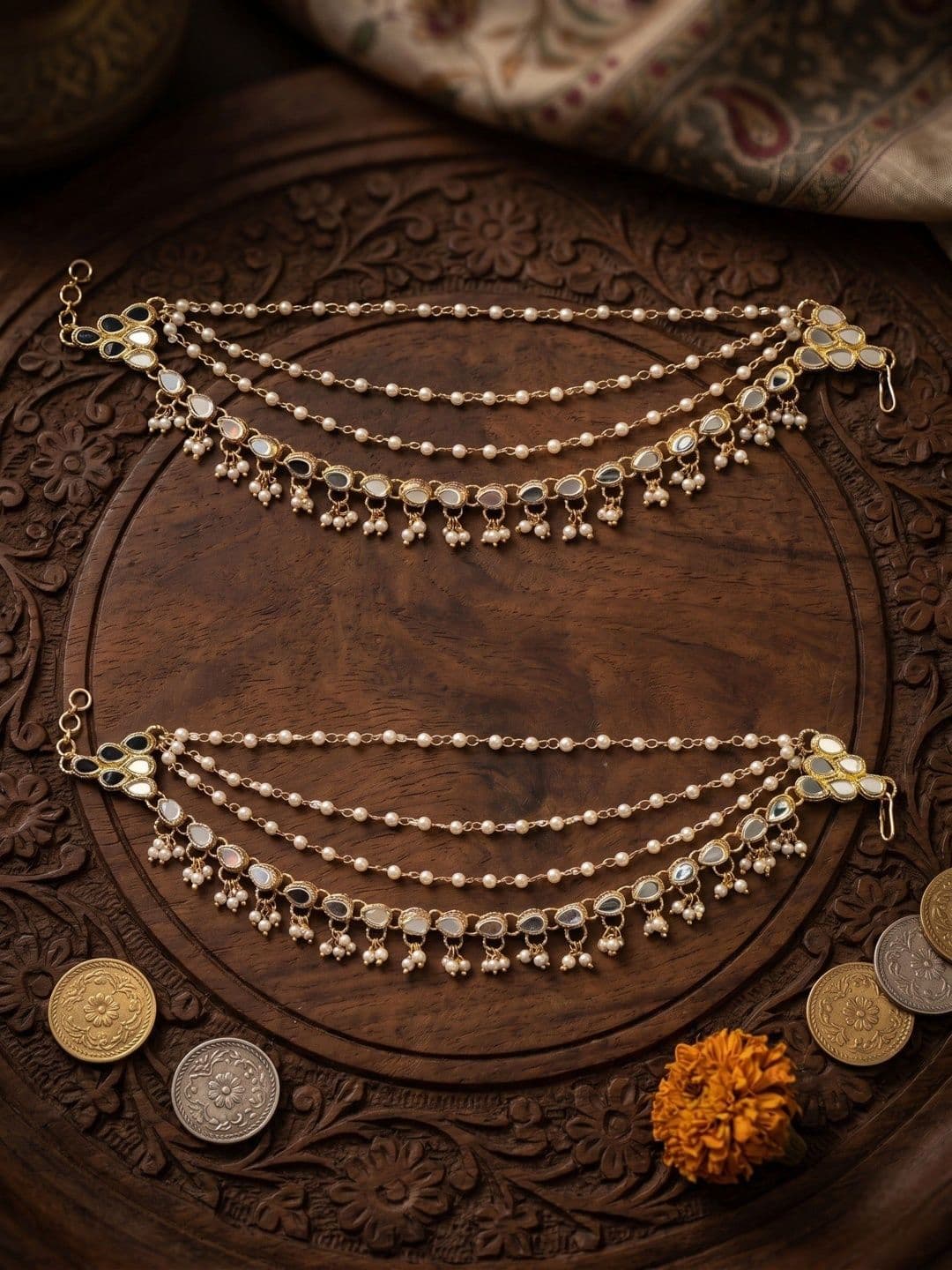 MEIRA JEWELLERY Gold-Plated Stones Studded And Pearls Beaded Teardrop Shaped Ear Chains - view 1
