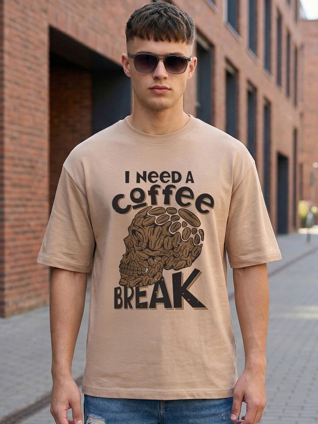 Bewakoof Men Warm Taupe Brown Coffee Break Graphic Printed Oversized T-shirt - view 1