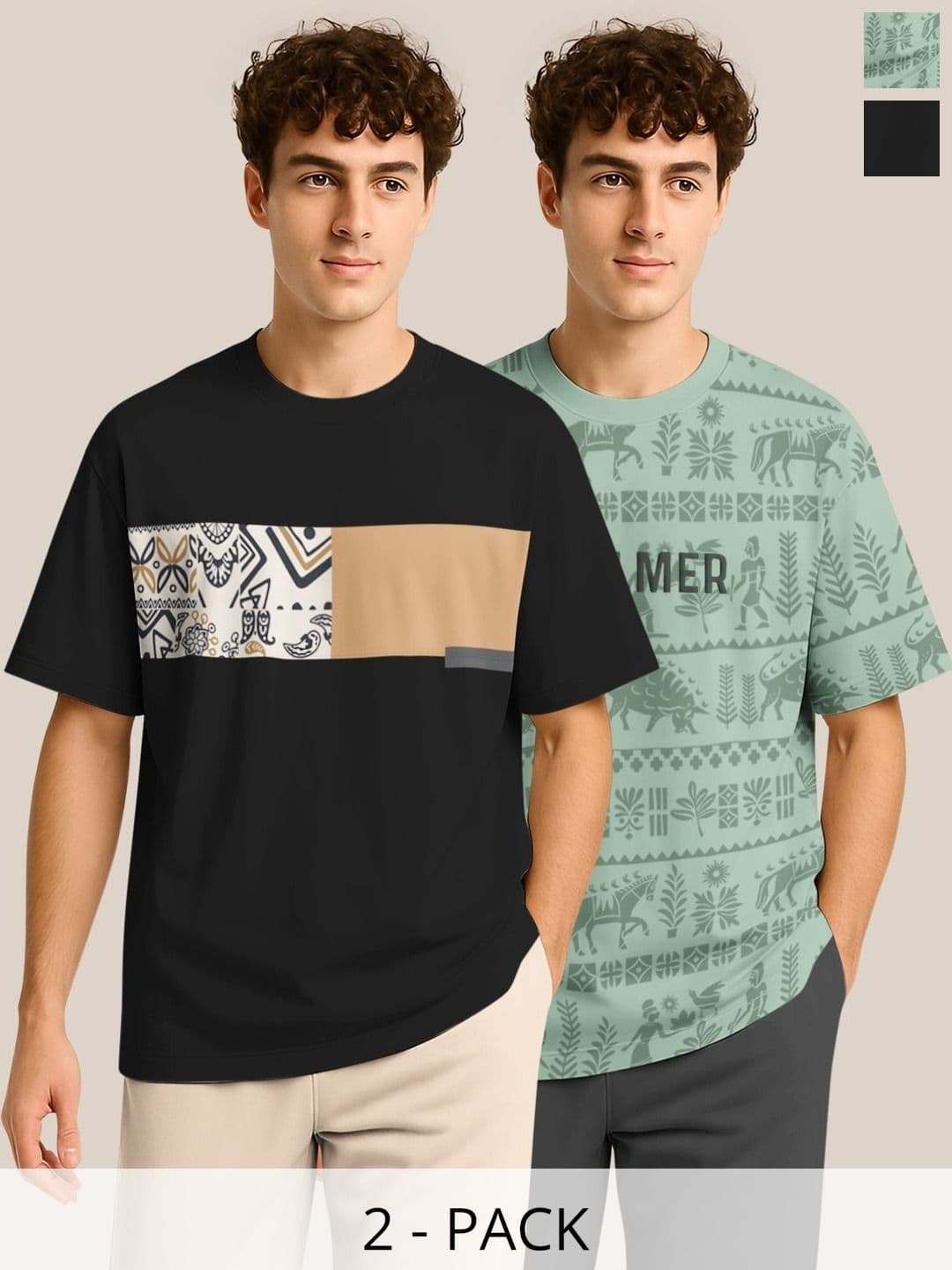 BULLMER Pack Of 2 Graphic Printed Crew Neck Drop Shoulder Oversized T-shirts - view 1