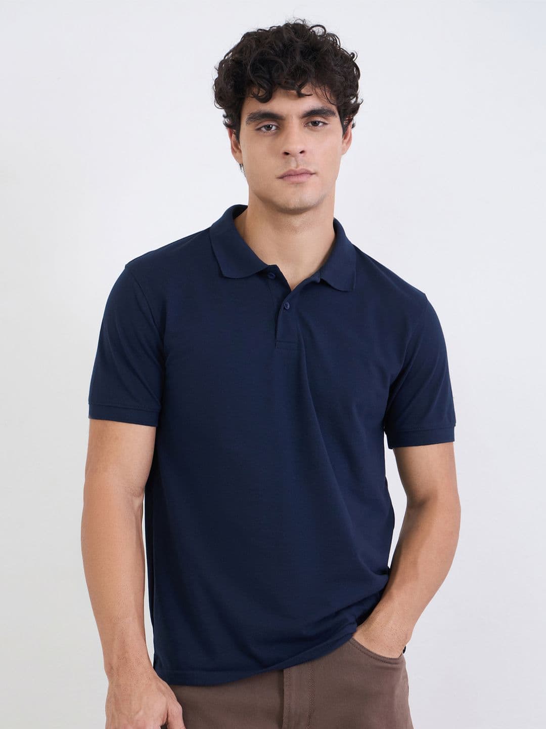Styli Men Navy Blue Solid Regular Fit Polo Collar Half Sleeve Cotton T-Shirt - view 1