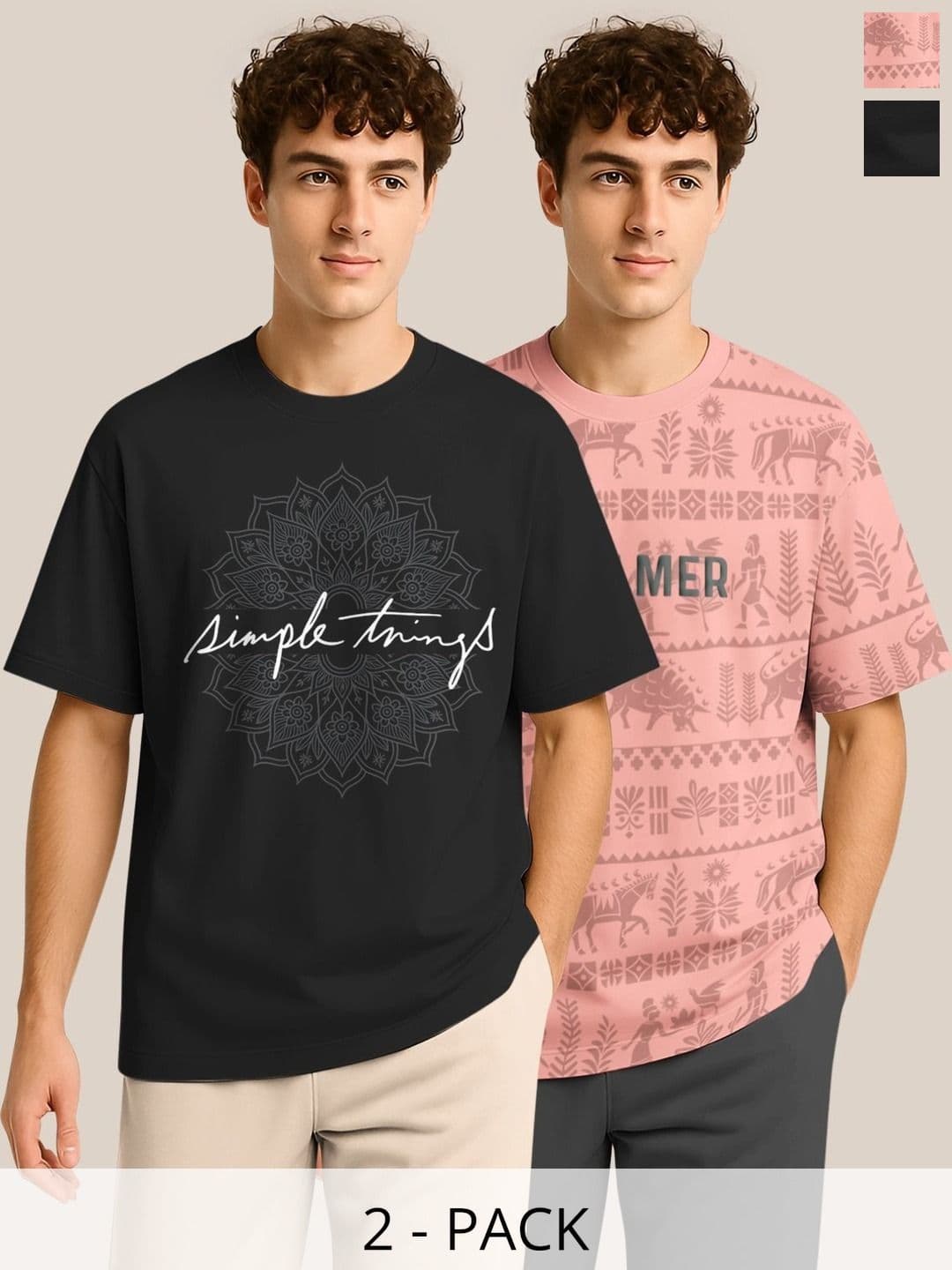 BULLMER Pack Of 2 Typography Printed Crew Neck Drop Shoulder Oversized T-shirts - view 1