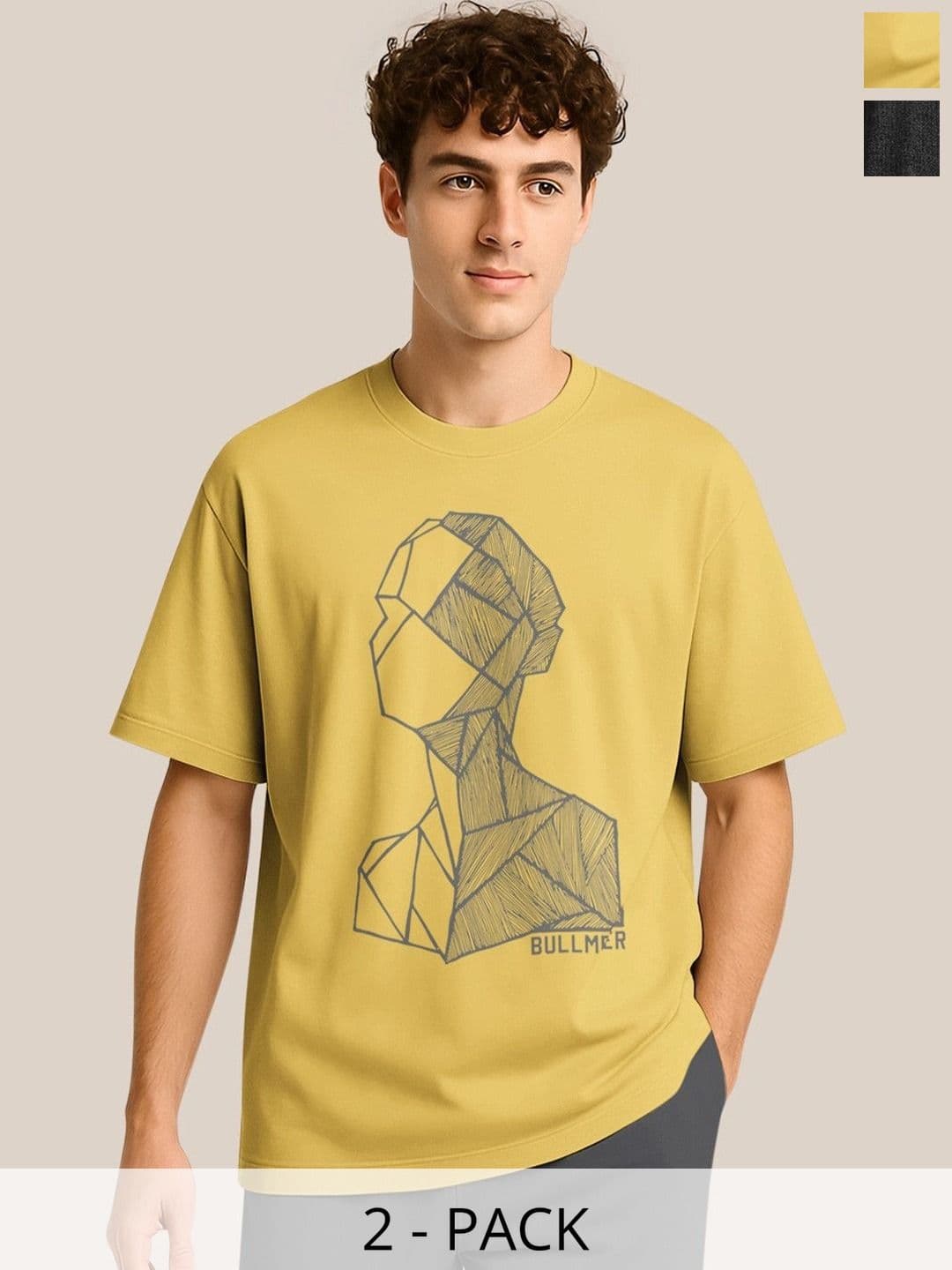 BULLMER Pack Of 2 Typography Printed Crew Neck Drop Shoulder Oversized T-shirts - view 1
