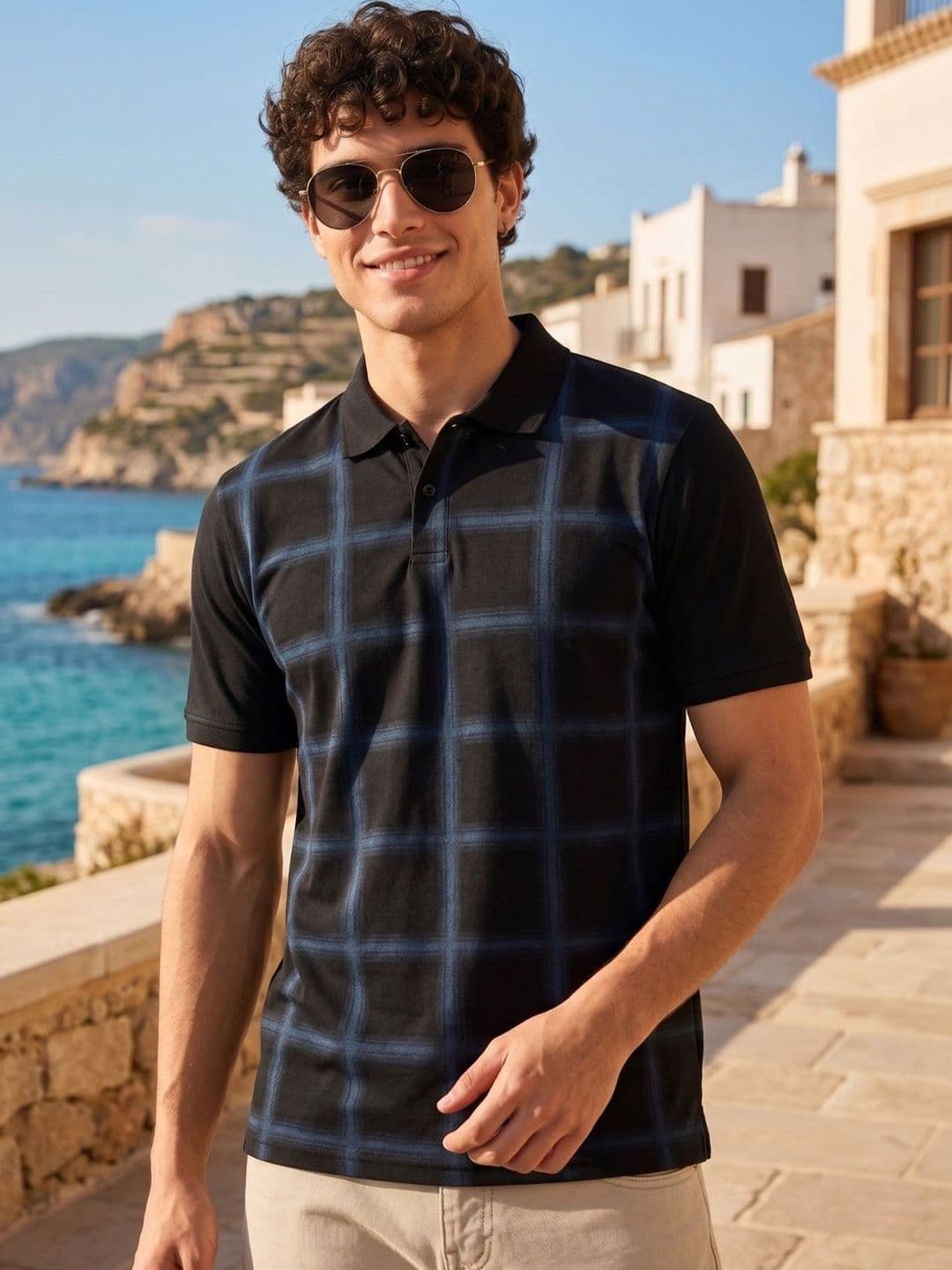 HERE&NOW Men Checked Polo Collar Antimicrobial T-shirt - view 1