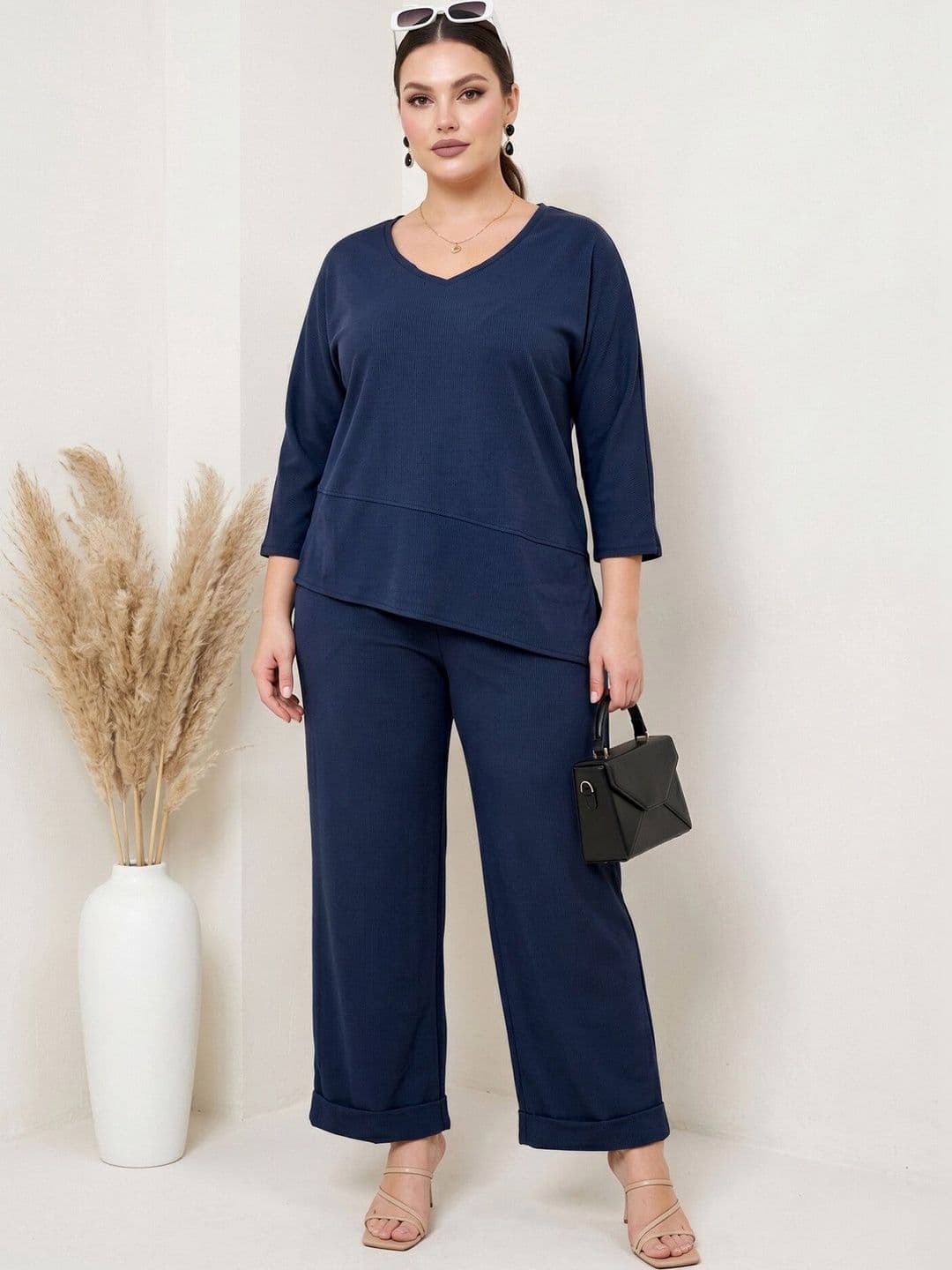 Selvia Plus Size Solid Top with Trousers Co ord Set - view 1