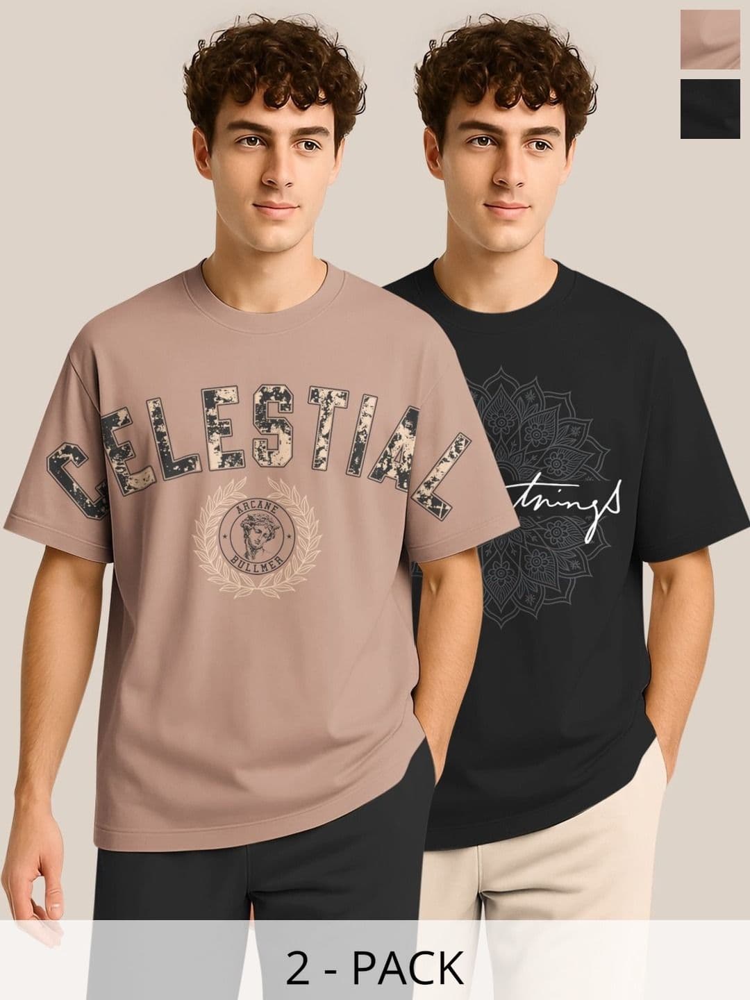 BULLMER Pack Of 2 Typography Printed Crew Neck Drop Shoulder Oversized T-shirts - view 1