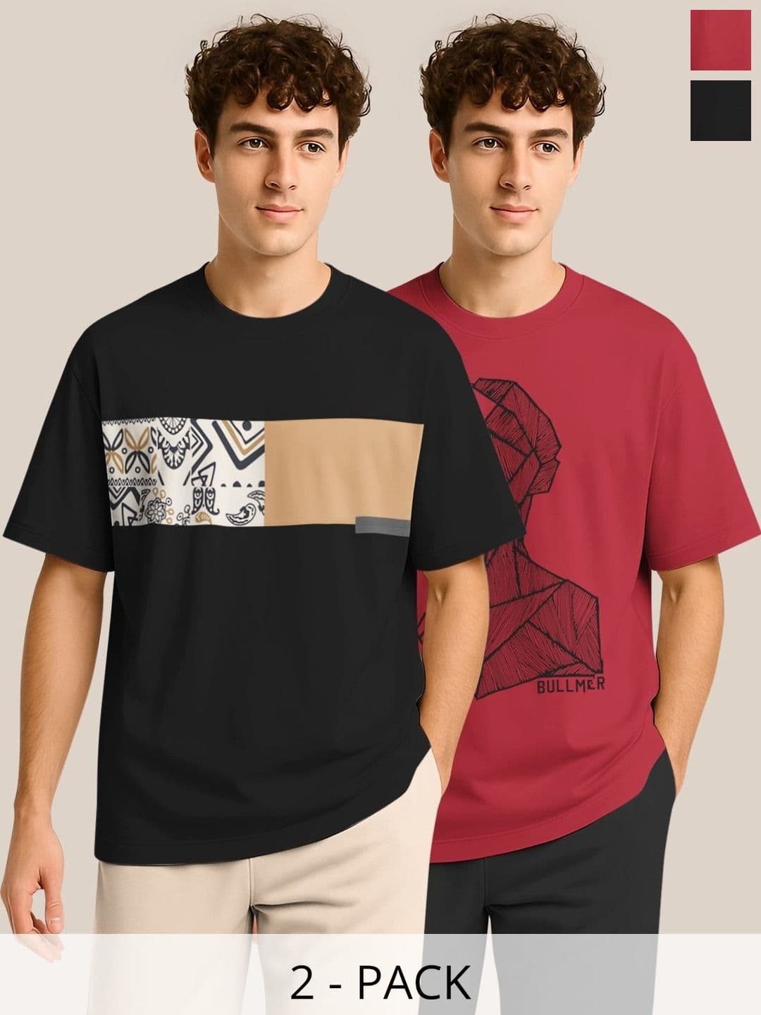 BULLMER Pack Of 2 Graphic Printed Crew Neck Drop Shoulder Oversized T-shirts - view 1