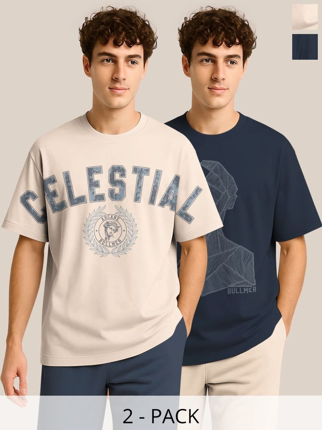 BULLMER Pack Of 2 Typography Printed Crew Neck Drop Shoulder Oversized T-shirts - view 1