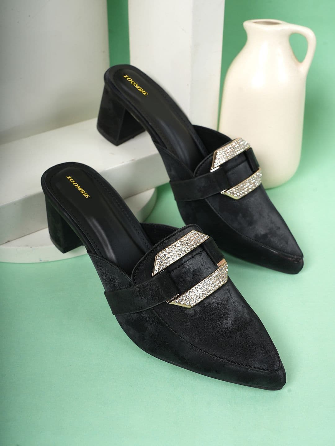 ZOOMBIE Textured Velvet Party Block Mules - view 1
